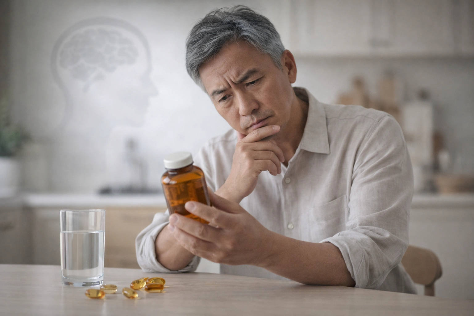 Middle-aged Asian man in white shirt sitting at kitchen counter, looking pensively at amber fish oil bottle in hand with softgels on table, subtle brain illustration in background — expressing doubt about supplement effectiveness