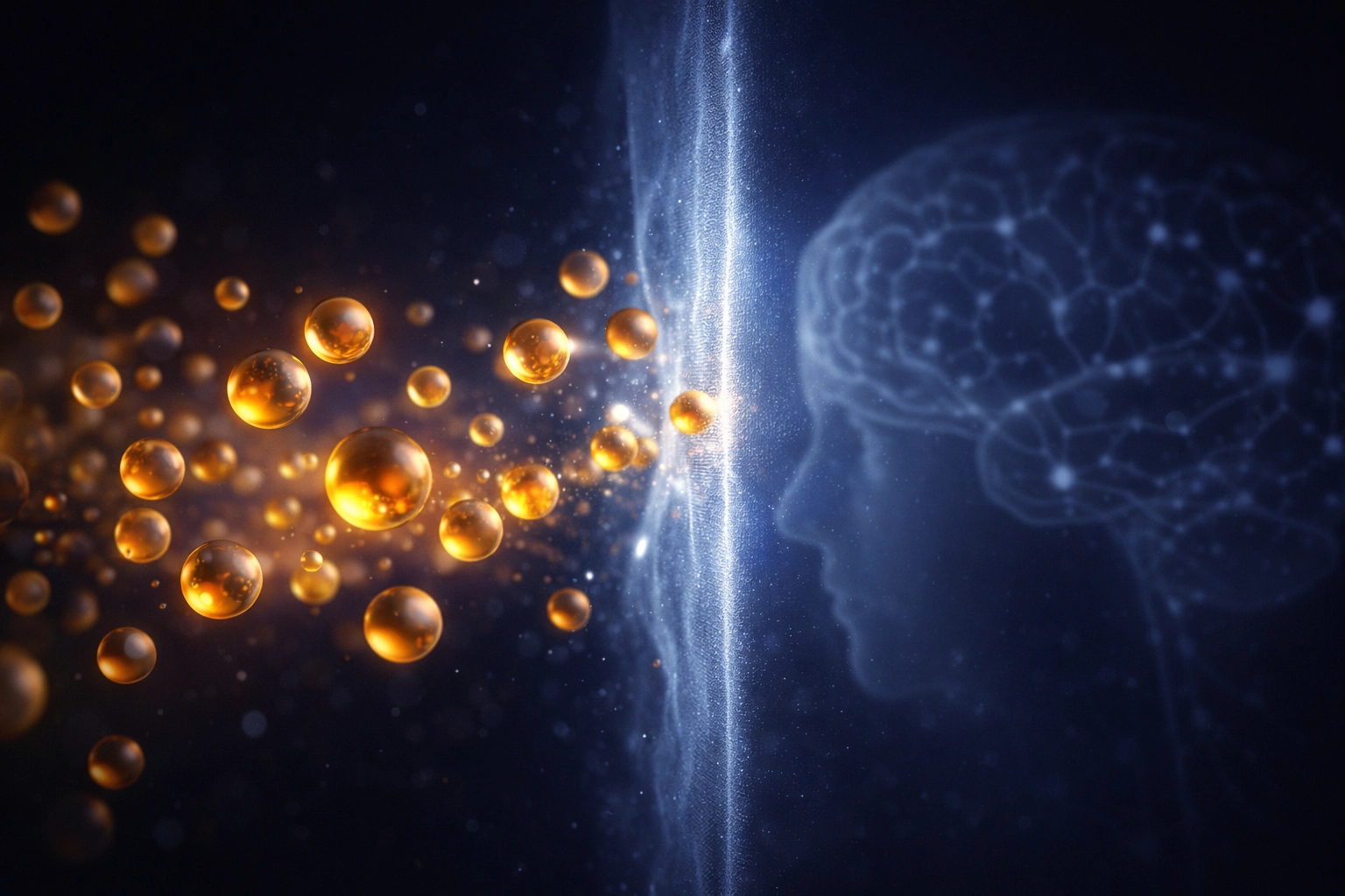 Scientific visualization showing golden omega-3 particles clustered against a glowing blue barrier membrane, with a dim unfed brain silhouette visible beyond — illustrating standard fish oil's inability to cross the blood-brain barrier